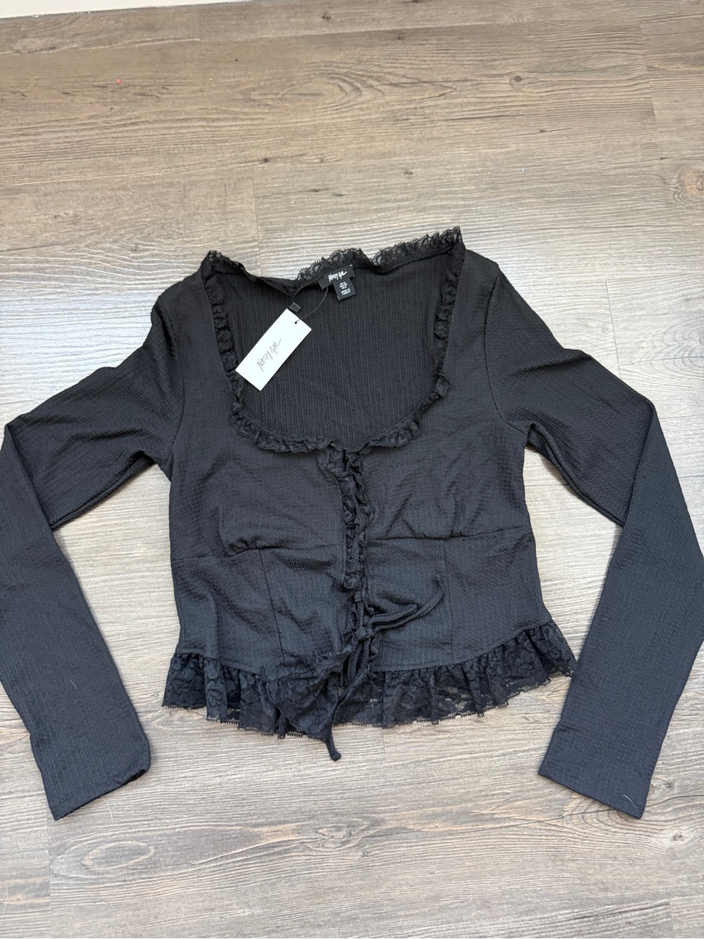 Black Lace-Trim Long Sleeve Top from Nastygal